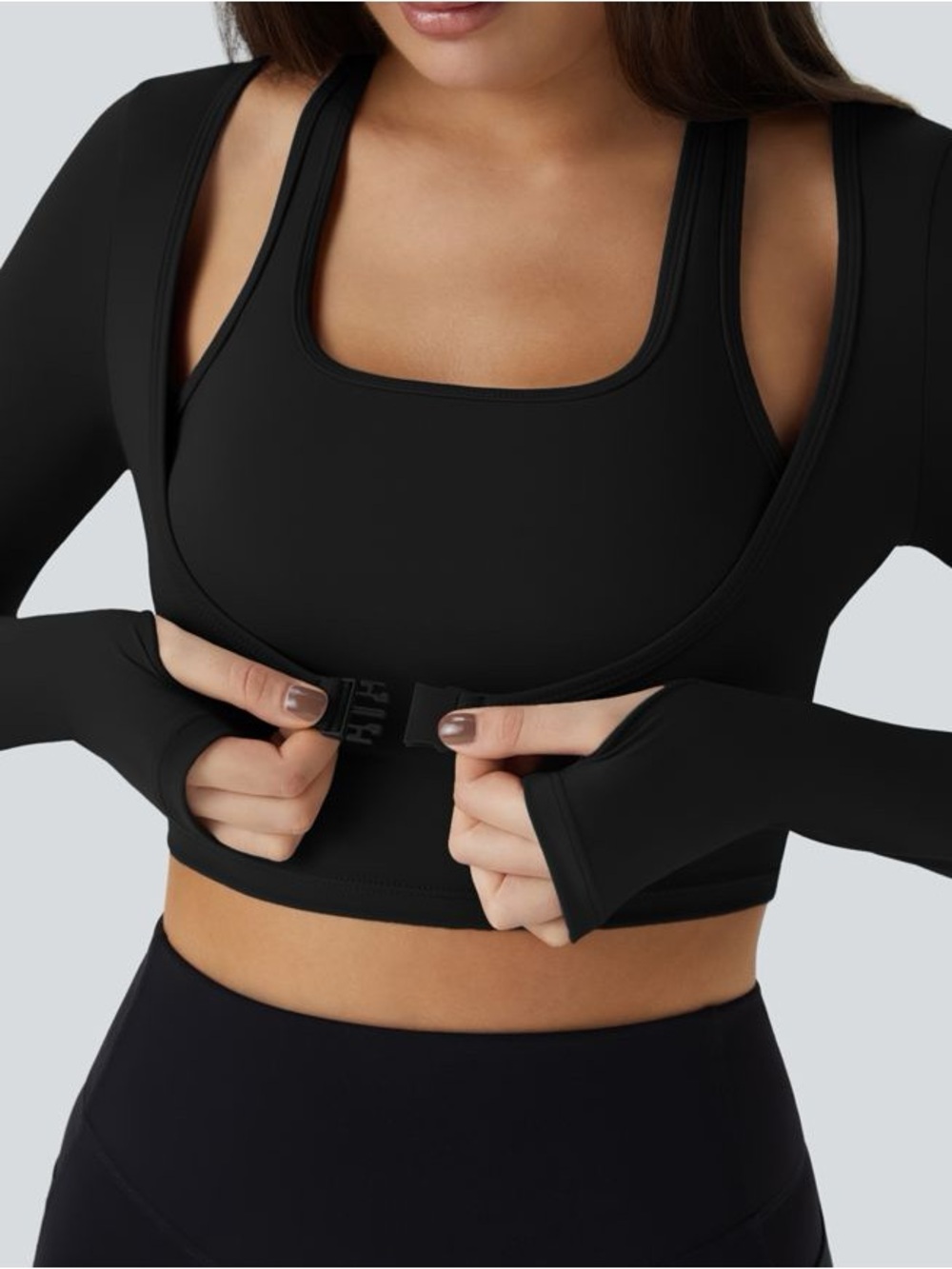 HALARA Black Crop Sports Top with Thumbhole Sleeves